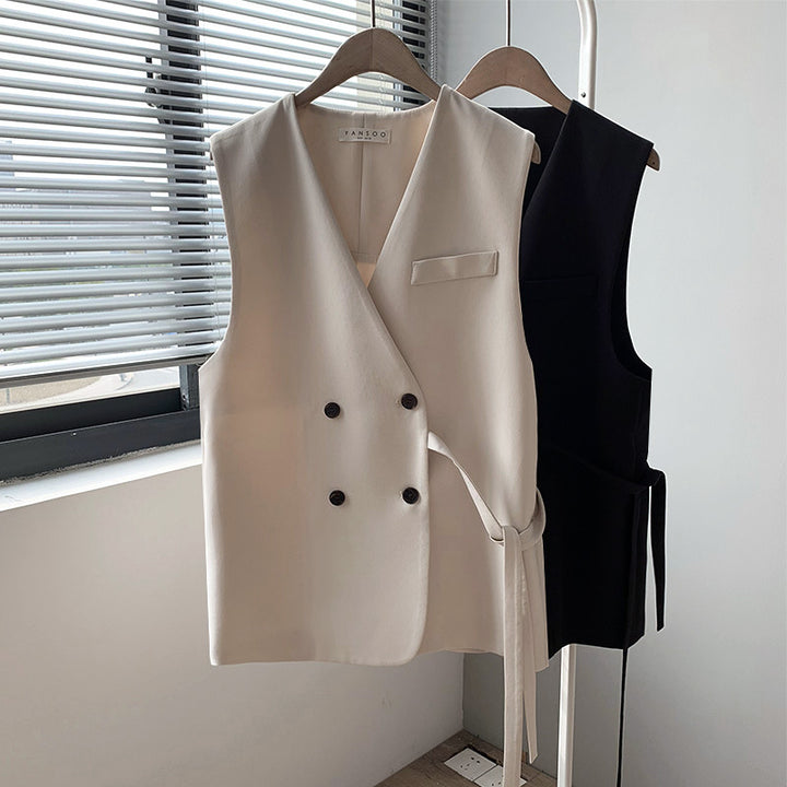 Dame elegant vest med dobbelt knaplukning og taljerbar bælte Stilla
