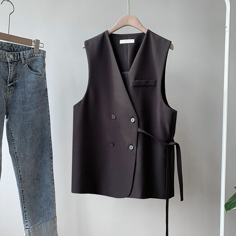 Dame elegant vest med dobbelt knaplukning og taljerbar bælte Stilla