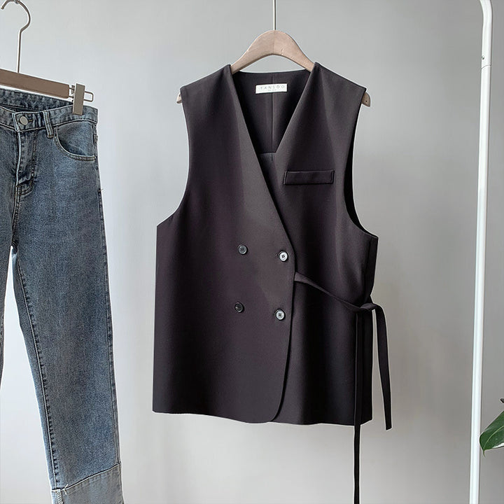 Dame elegant vest med dobbelt knaplukning og taljerbar bælte Stilla