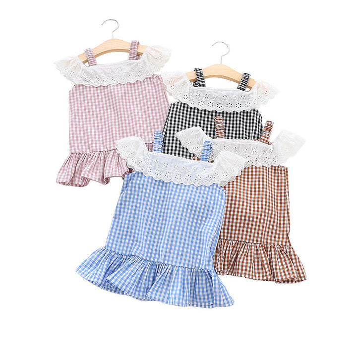 Pige Gingham Volantkjole med Spidsen Stilla