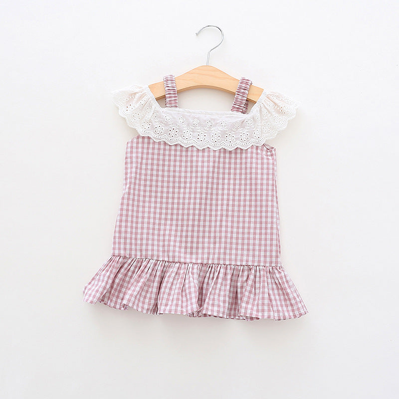 Pige Gingham Volantkjole med Spidsen Stilla