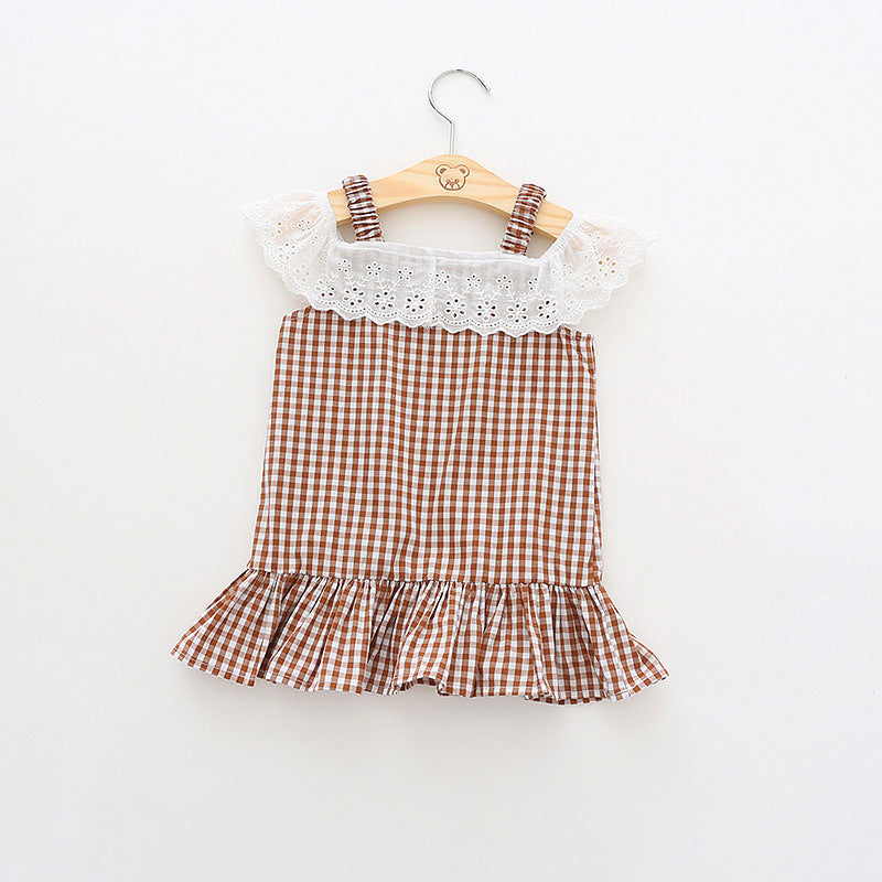 Pige Gingham Volantkjole med Spidsen Stilla