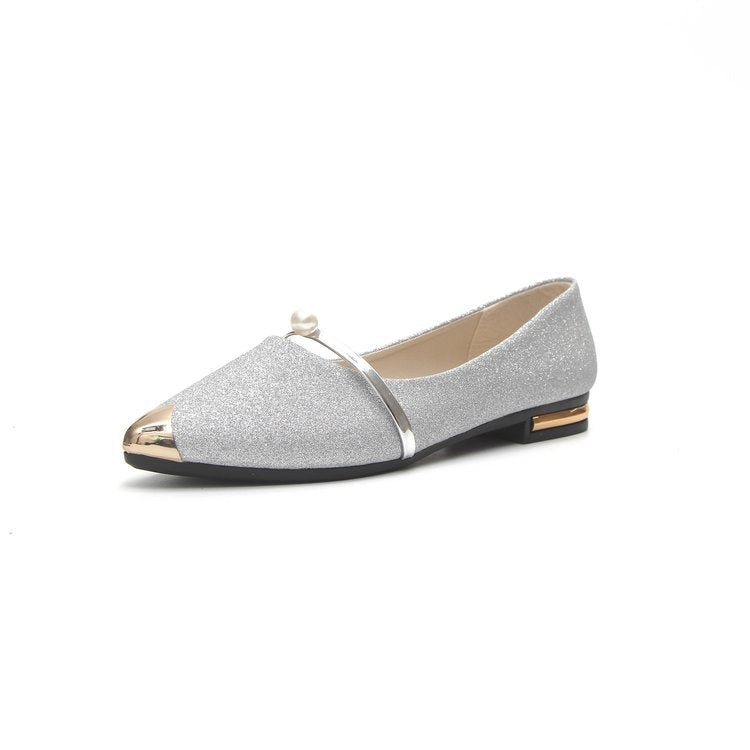 Damer nan elegante glitrende slippers med spids metalhætte, perlebesat spænde og flad hæl Skovae