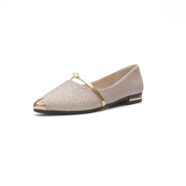 Damer nan elegante glitrende slippers med spids metalhætte, perlebesat spænde og flad hæl Skovae