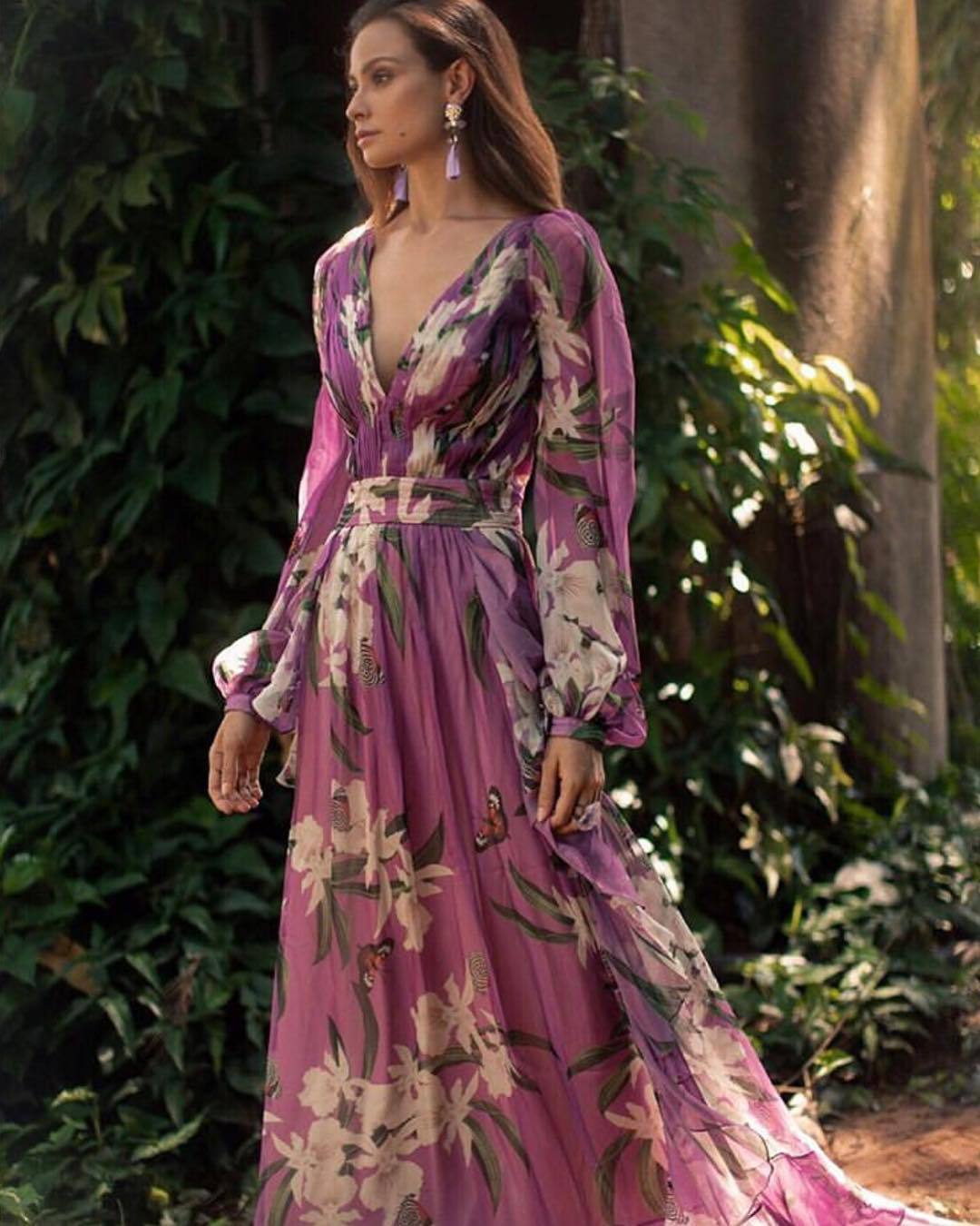 Dame Boho Maxi-Kjole med dyb V-udskæring og elegante puffærmer Stilla