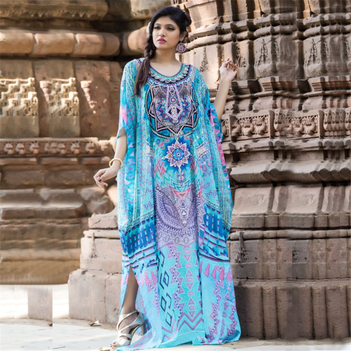 Dame elegant Maxi-Kaftan med kunstnerisk etno-design og sideles slids Stilla