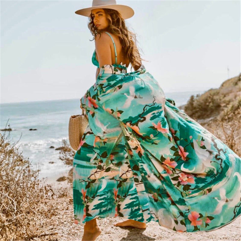Dame Maxi-strandkjole med elegante sidespalter og blomsterdesign Stilla
