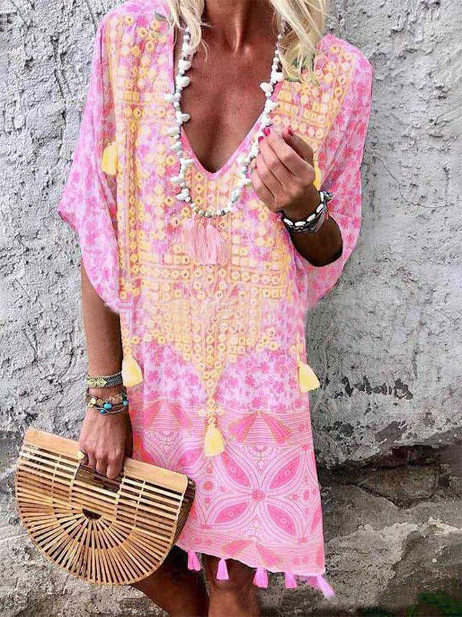 Dame Boho-Chic Kaftan med V-Udskæring og Kvist-Detaljer Stilla