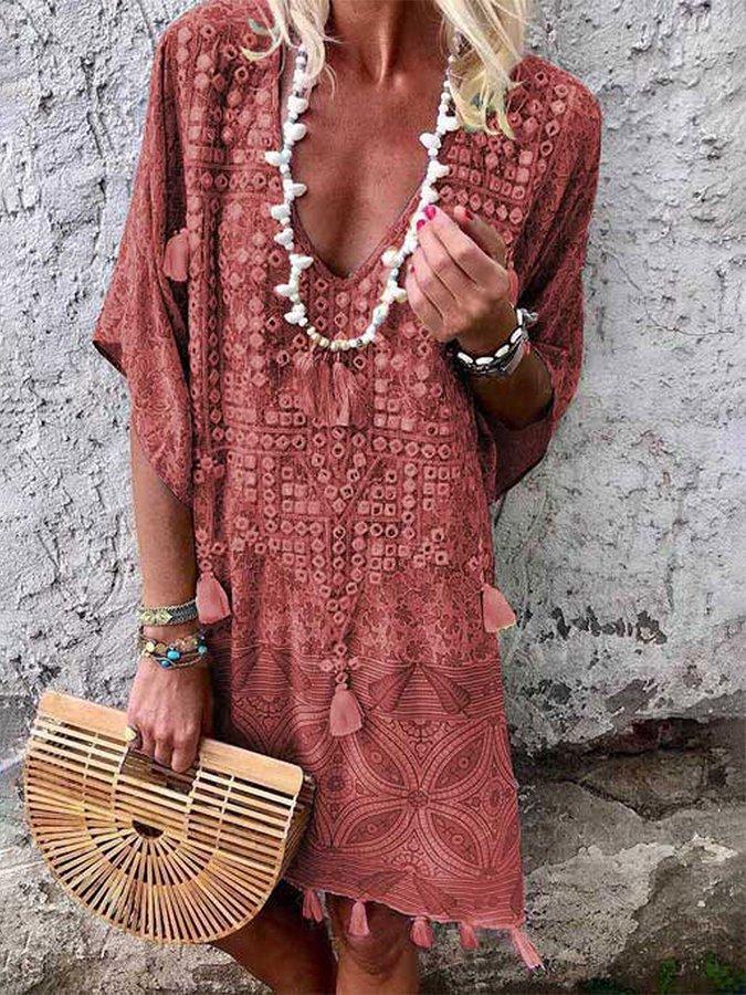 Dame Boho-Chic Kaftan med V-Udskæring og Kvist-Detaljer Stilla