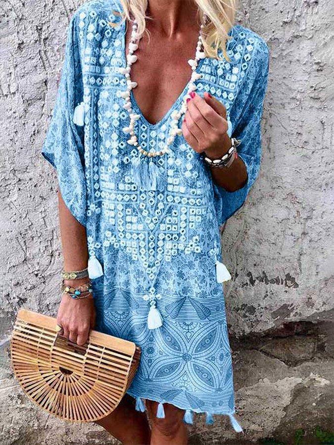 Dame Boho-Chic Kaftan med V-Udskæring og Kvist-Detaljer Stilla