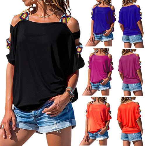 Dame Off-Shoulder Bluse med farverigt Ethnodetail Stilla