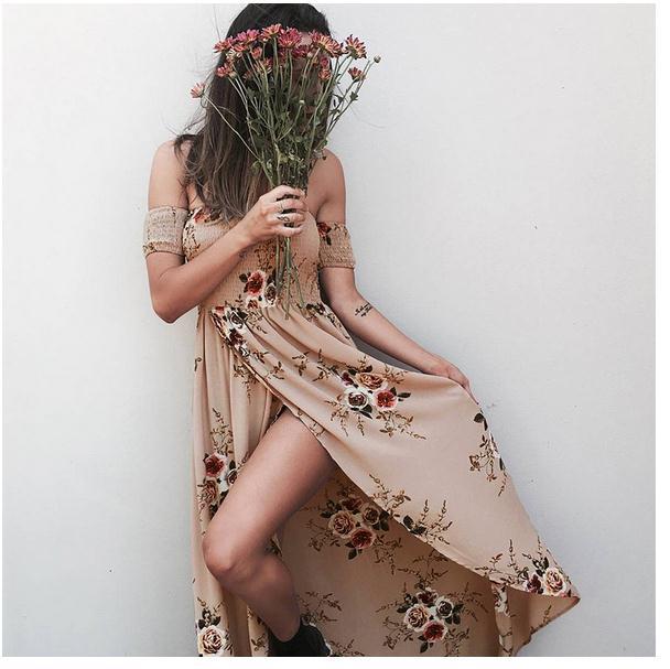 Kvinders maxikjole med off-the-shoulder design og blomster mønstre Stilla