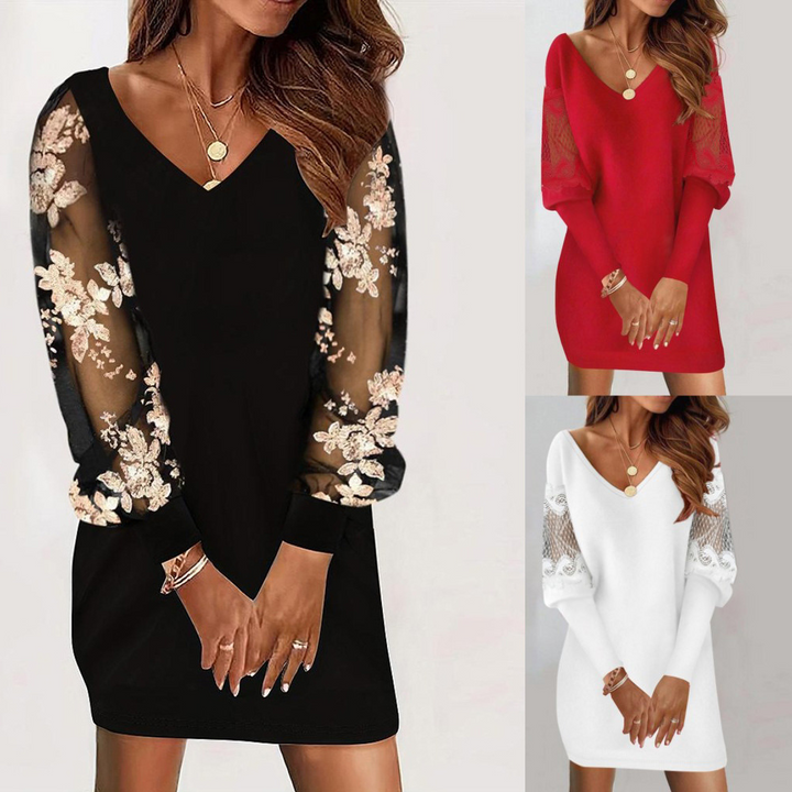 Stilla | Sort blomsterkjole med mesh ærmer