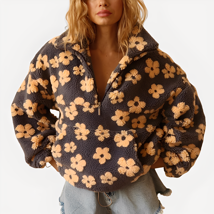 Stilla | Dame-Sherpa-Trøje med Stilfuldt Blomsterdesign