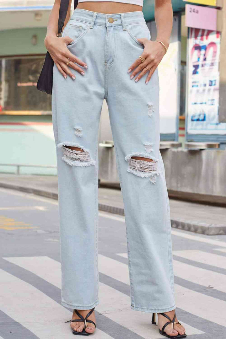 Stilla | Distressed Straight Leg Jeans Med Lommer