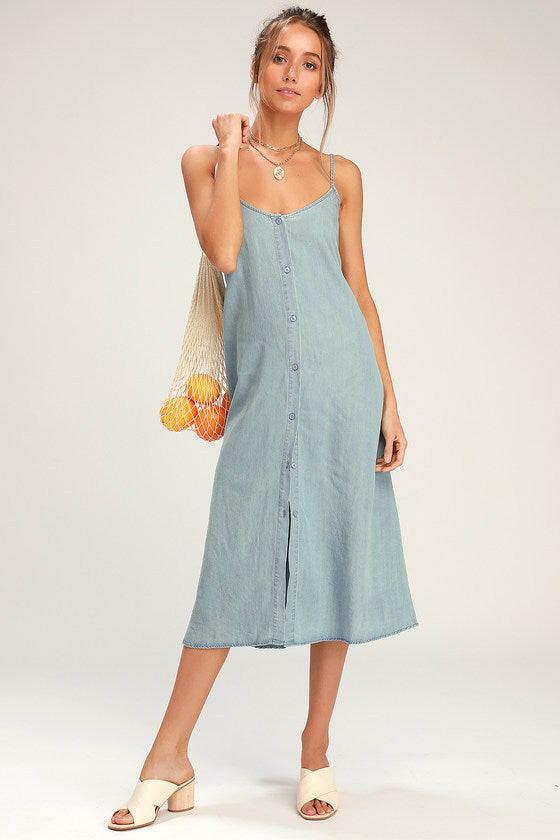 Dame Casual Denim Knap-Up Midi Kjole Stilla