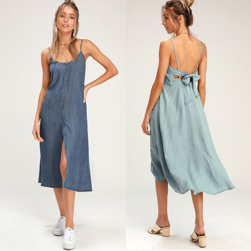 Dame Casual Denim Knap-Up Midi Kjole Stilla