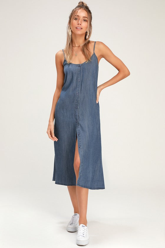 Dame Casual Denim Knap-Up Midi Kjole Stilla