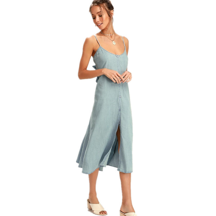 Dame Casual Denim Knap-Up Midi Kjole Stilla