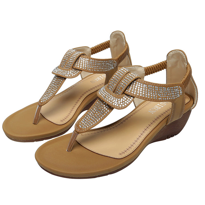 Dame elegante T-Strap sandaler med rhinsten og kilehælhæl Stilla