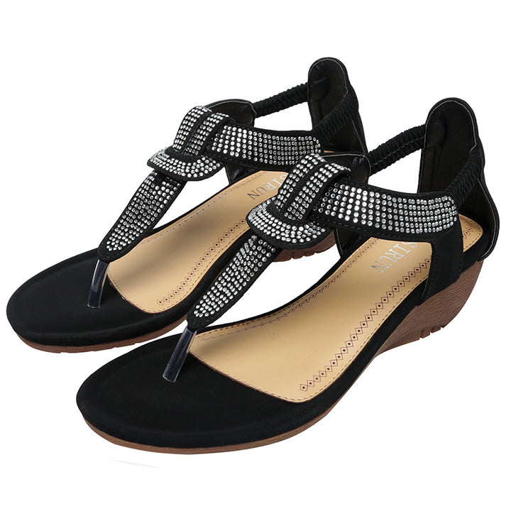 Dame elegante T-Strap sandaler med rhinsten og kilehælhæl Stilla