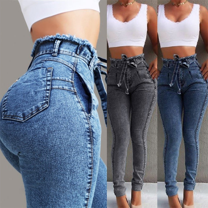 Dame figursmartende høj talje jeans med praktiske lommer og justerbar snor Skovae