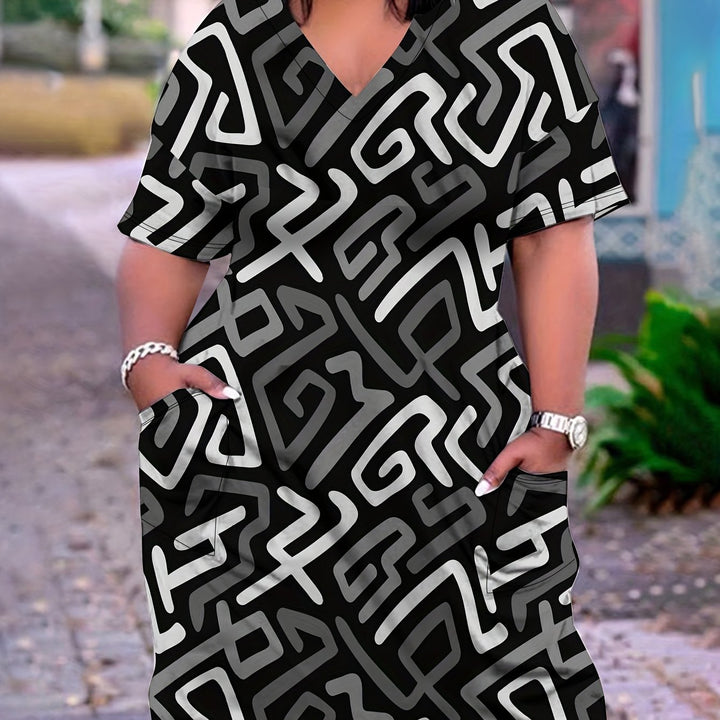 Stilla | Plus Size Kjole Med Striber Og V-Hals S Og Korte Ærmer Elegant