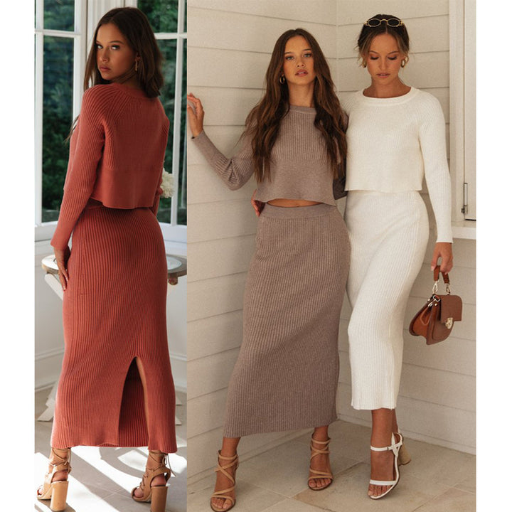 Kvinder elegant strikket sæt med cropped sweater og maxi nederdel Stilla