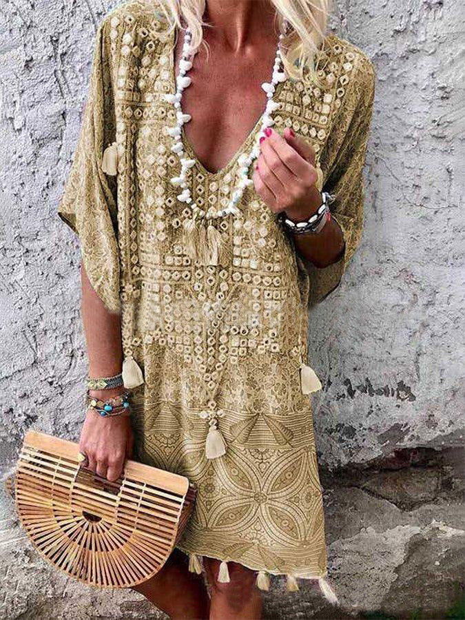 Dame Boho-Chic Kaftan med V-Udskæring og Kvist-Detaljer Stilla