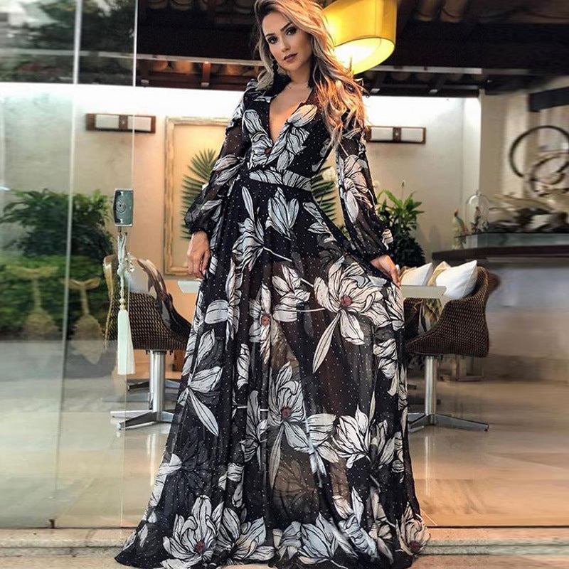 Dame Elegant Maxikjole med blomstret chiffon og dyb V-udskæring Stilla
