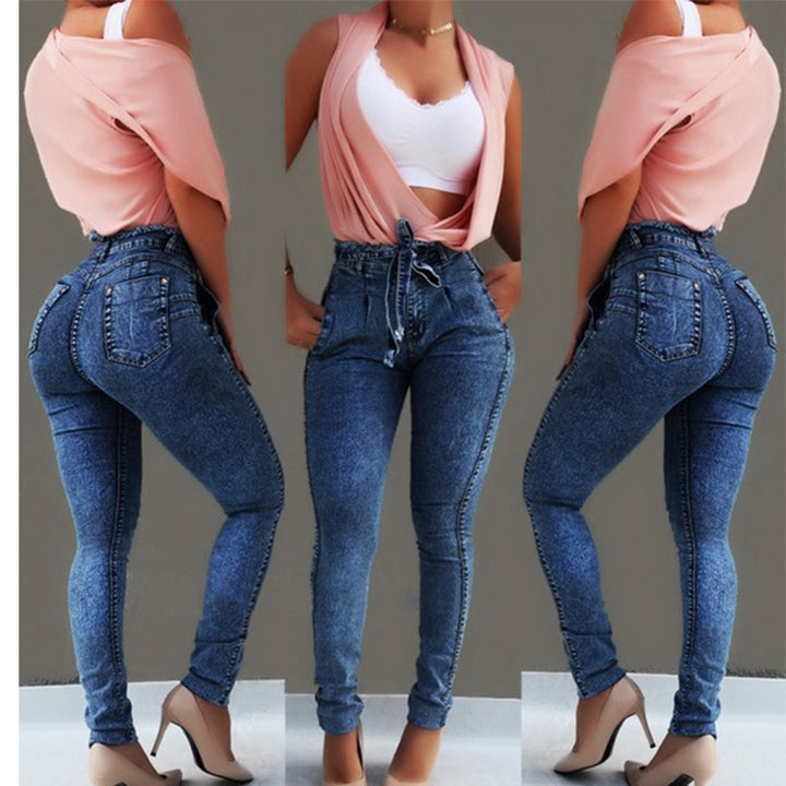 Dame figursmartende høj talje jeans med praktiske lommer og justerbar snor Skovae