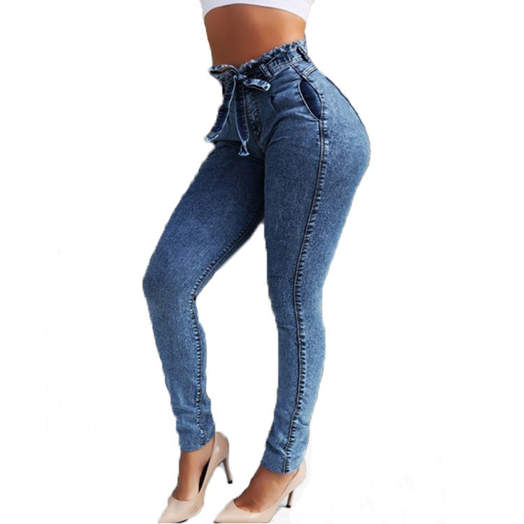 Dame figursmartende høj talje jeans med praktiske lommer og justerbar snor Skovae