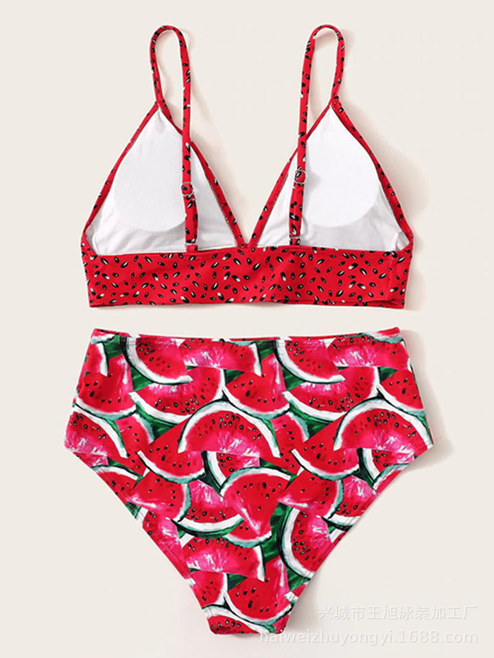 Dame Bikini-sæt med frugtagtig vandmelon-mønster og høj talje Stilla