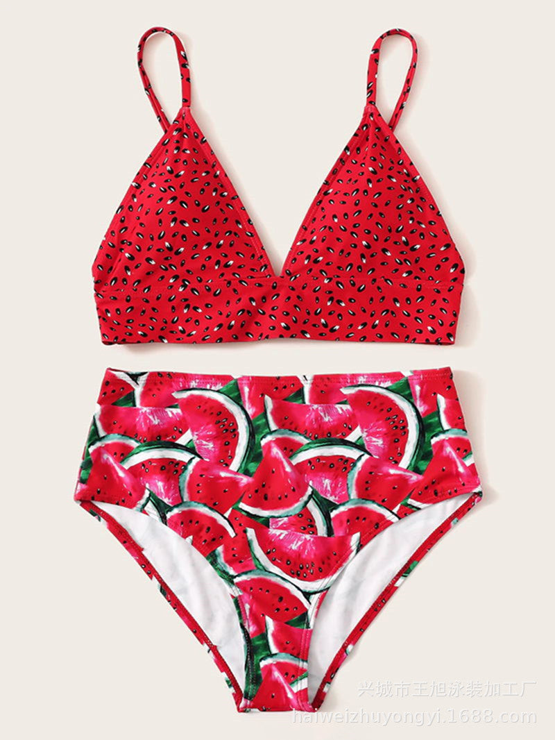 Dame Bikini-sæt med frugtagtig vandmelon-mønster og høj talje Stilla