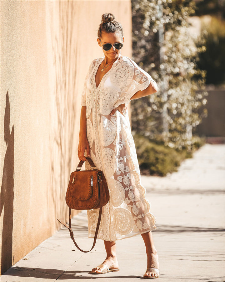 Dame hæklede strandkimono med elegant spidsdekoration Stilla