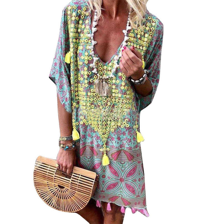Dame Boho-Chic Kaftan med V-Udskæring og Kvist-Detaljer Stilla