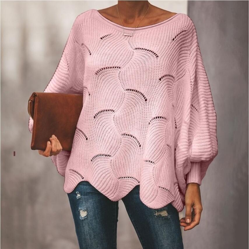 Kvinders Oversized Strikket Sweater med Tekstur Wavesmønster og Bredde Ærmer Stilla