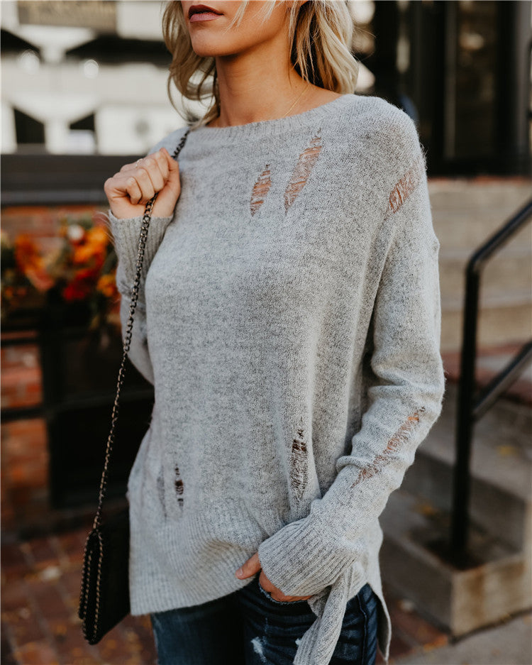 Dame afslappet strikpullover med revne detaljer og bred pasform Stilla