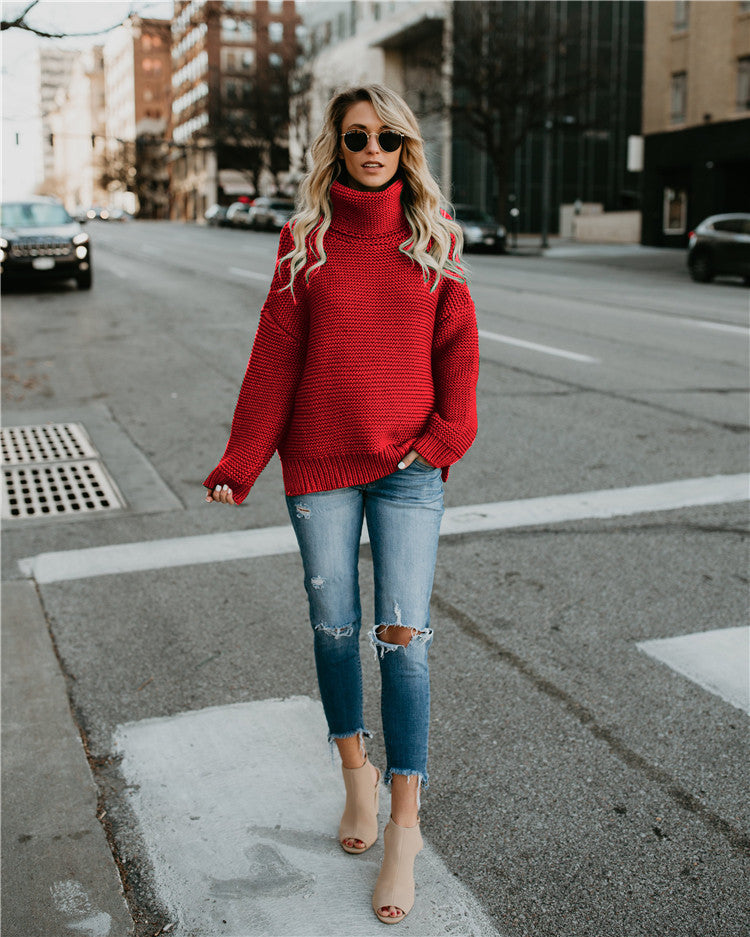 Dame Behagelig Oversized Strikpullover med Høj Krave Stilla