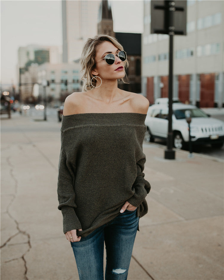Damer afslappet off-shoulder strikpullover med løs pasform og stribet design Stilla