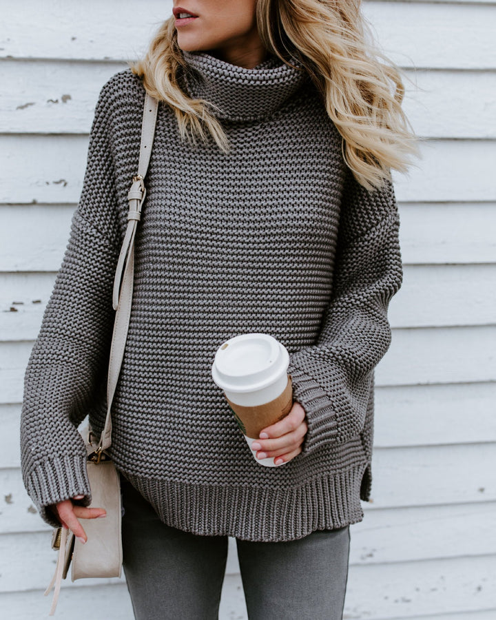 Dame Behagelig Oversized Strikpullover med Høj Krave Stilla