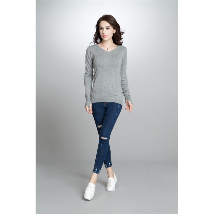 Dame V-hals Finstrikpullover med elastisk kant og langærmet Stilla
