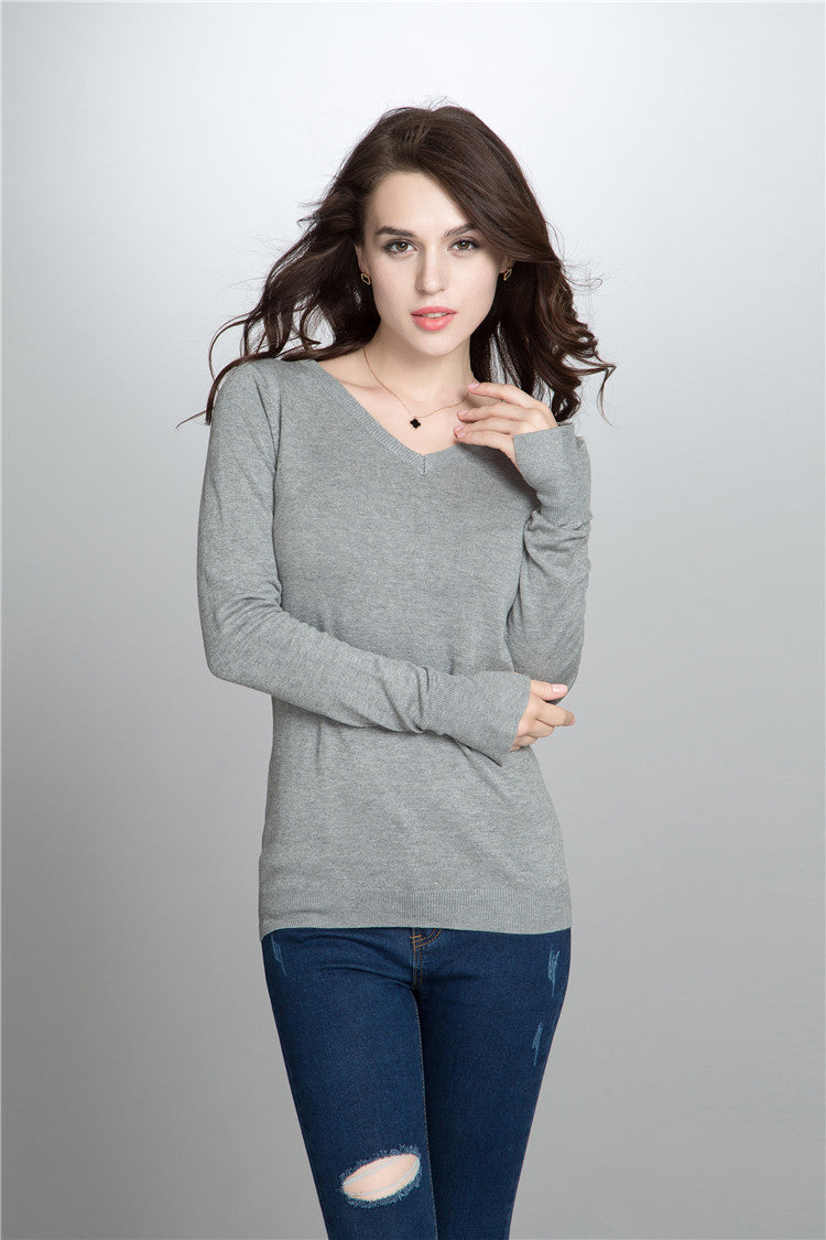 Dame V-hals Finstrikpullover med elastisk kant og langærmet Stilla