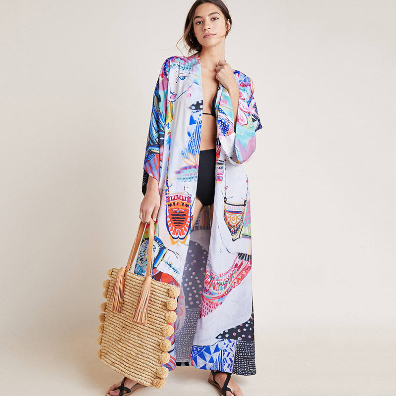 Dame lang strandkimono med farverige mønstre Stilla