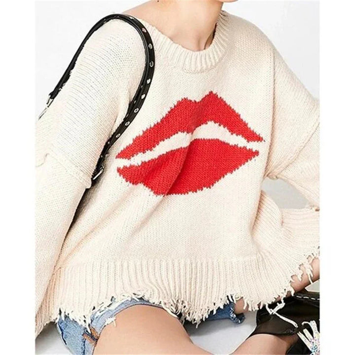 Stilla | Sweatshirt Overstørrelse Pasform Chunky Strik Læbeprint Frynse Kant