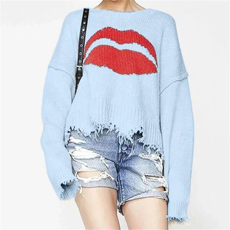 Stilla | Sweatshirt Overstørrelse Pasform Chunky Strik Læbeprint Frynse Kant