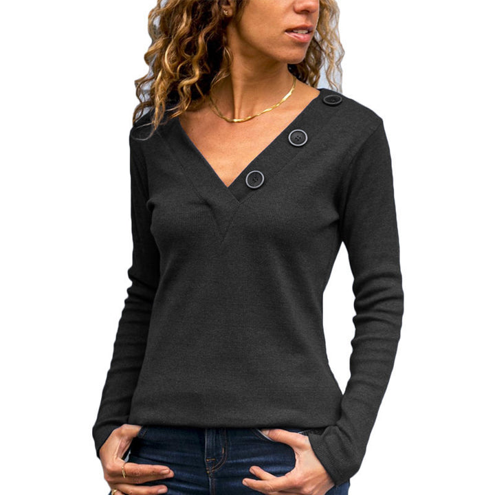 Dame V-hals pullover med dekorative knapper og fint strikmønster Stilla