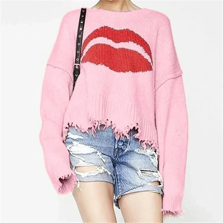 Stilla | Sweatshirt Overstørrelse Pasform Chunky Strik Læbeprint Frynse Kant