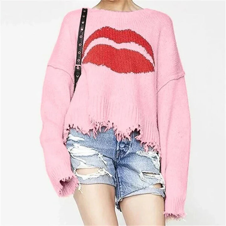 Stilla | Sweatshirt Overstørrelse Pasform Chunky Strik Læbeprint Frynse Kant