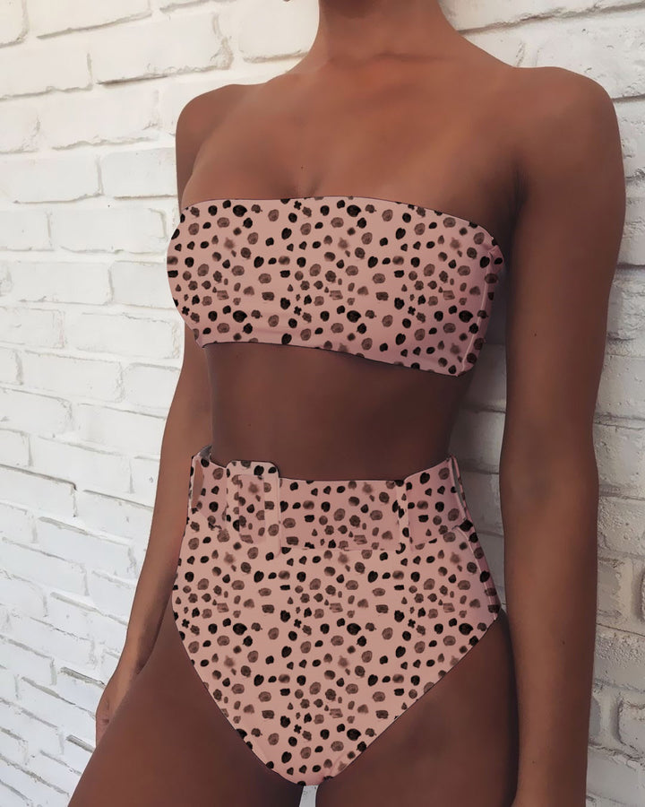Dame høj taljet bandeau bikini sæt med moderne leopardmønster Skovae